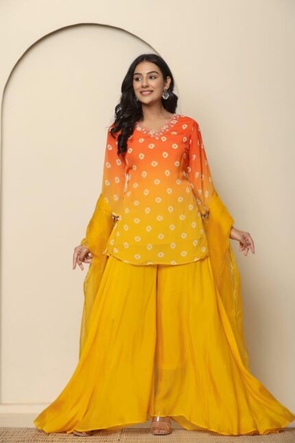 Elegant Bandhani Organza 3-Piece Set with Lining & Flared Bottom